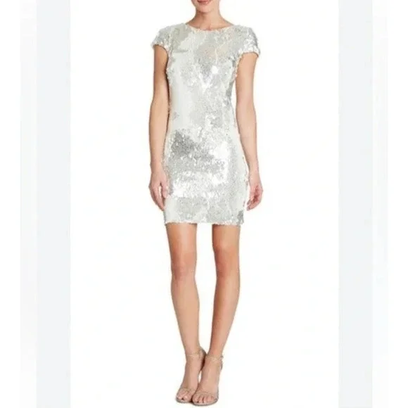 Dress the Population Sequin Tabitha Body Con Sheath Mini Dress Ivory Size Medium - Picture 3 of 13